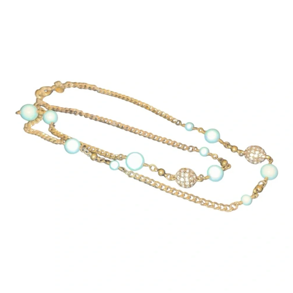 J. Crew Necklace Beaded Station Rhinestone Light Blue Antique Gold Tone 32” JB1